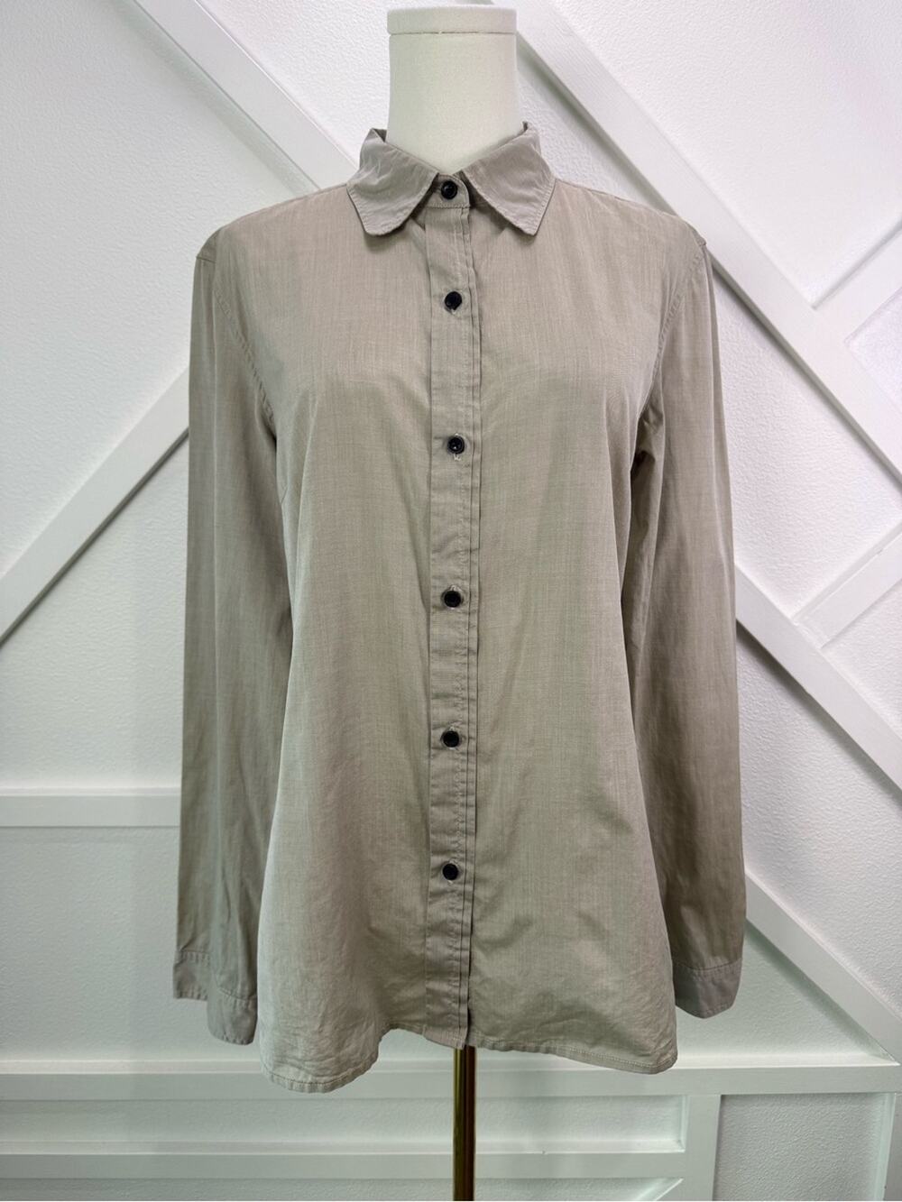 Jenni Kayne 100% Cotton Button Up Shirt Beige Taupe Long Sleeve Size Large
